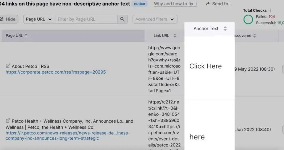 Screenshot of an SEO tool showing 104 links with non-descriptive anchor text like 'Click Here' and 'here', highlighting the importance of descriptive anchor text for the value of backlinks.