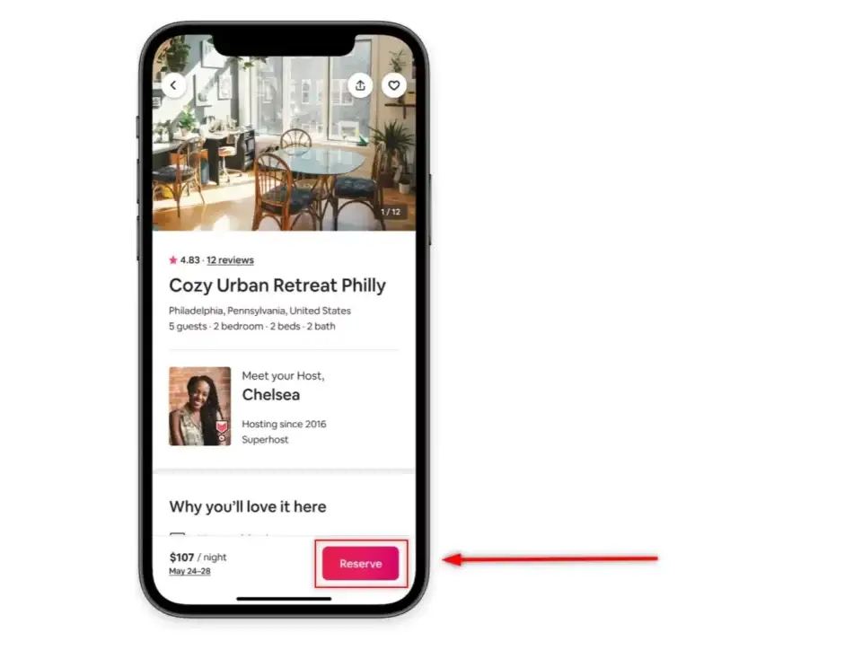 An iPhone displaying an Airbnb listing for 'Cozy Urban Retreat Philly', highlighting the 'Reserve' CTA button crucial for website statistics.