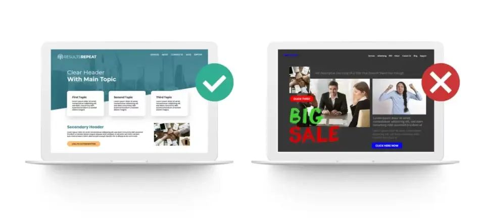 Two laptops show good vs. bad website design, highlighting key website statistics for user experience.