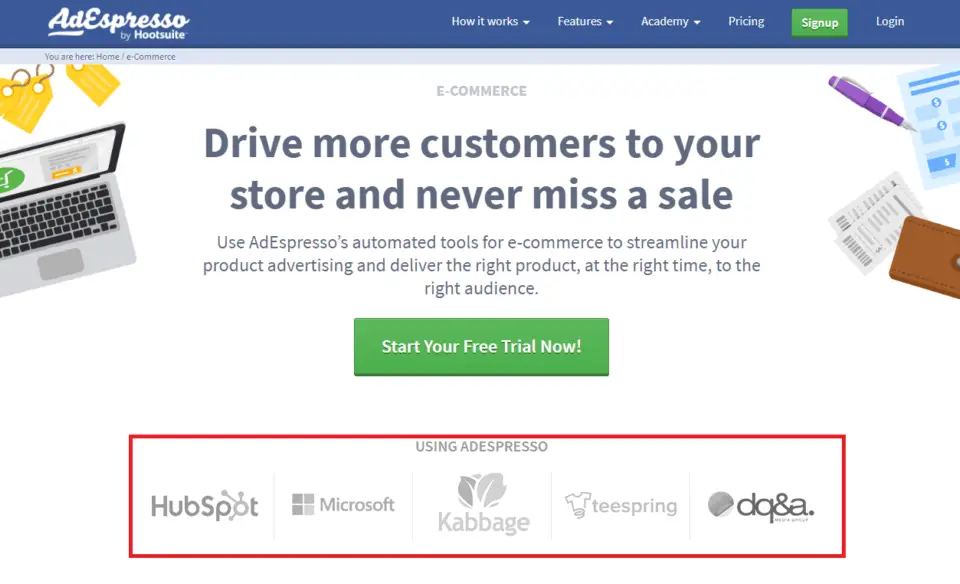 AdEspresso landing page showing how their platform drives sales, crucial for CVR marketing, with logos of integrated tools like HubSpot.