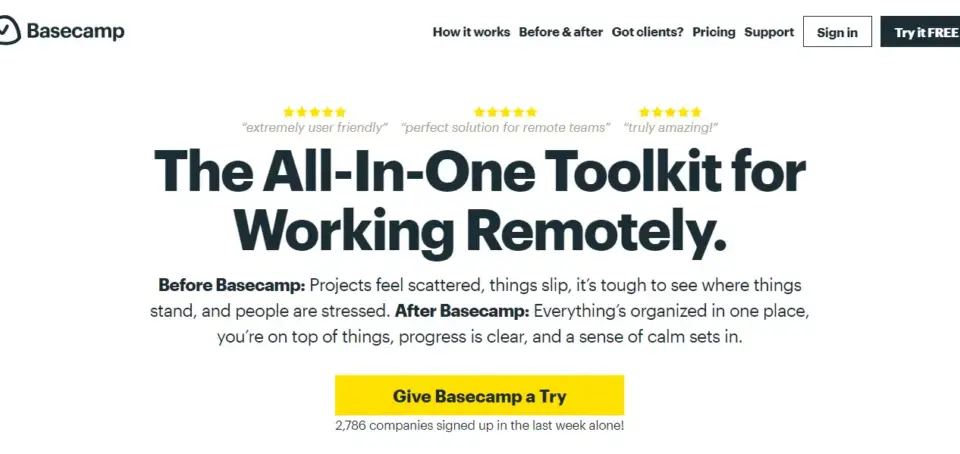 Basecamp landing page with headline 'The All-In-One Toolkit for Working Remotely' and a 'Give Basecamp a Try' call to action, demonstrating CVR marketing.
