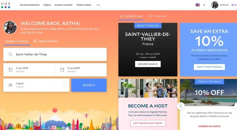 Agoda search page displaying hotel and flight options, with personalized greetings, part of a website optimisation strategy.