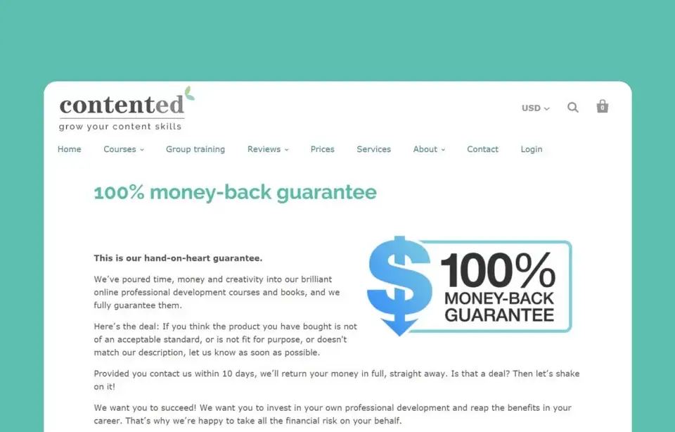 contented 100% money-back guarantee page