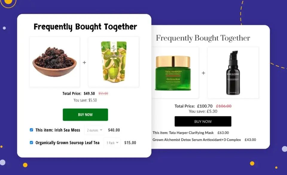 Examples of 'Frequently Bought Together' sections on e-commerce product pages, showing two different product bundles. A key website optimisation strategy for increasing sales.