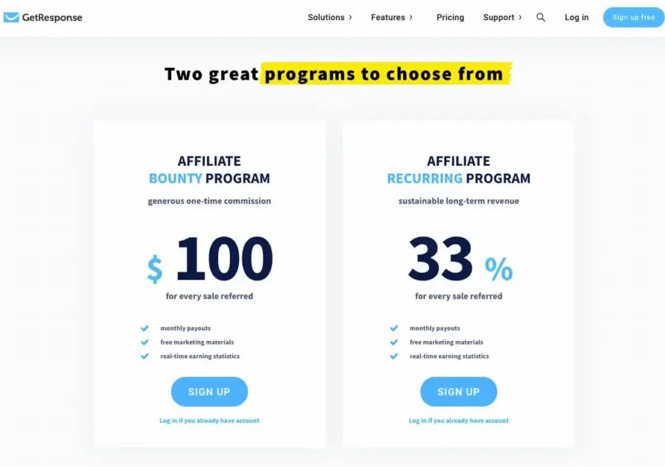 GetResponse affiliate program comparison showing bounty and recurring options, part of a sales website optimisation strategy.