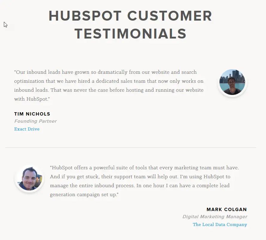 HubSpot customer testimonials highlighting successful website optimisation strategy. Two men, Tim Nichols and Mark Colgan, provide quotes.