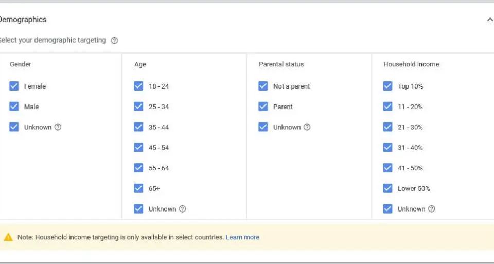 Screenshot of Google Ads demographic targeting options for gender, age, parental status, and household income, crucial for a Google Ads audit.