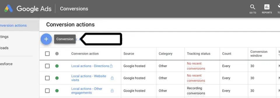 Screenshot of the Google Ads 'Conversion actions' page, showing various conversion types and their tracking status, essential for a Google Ads audit.