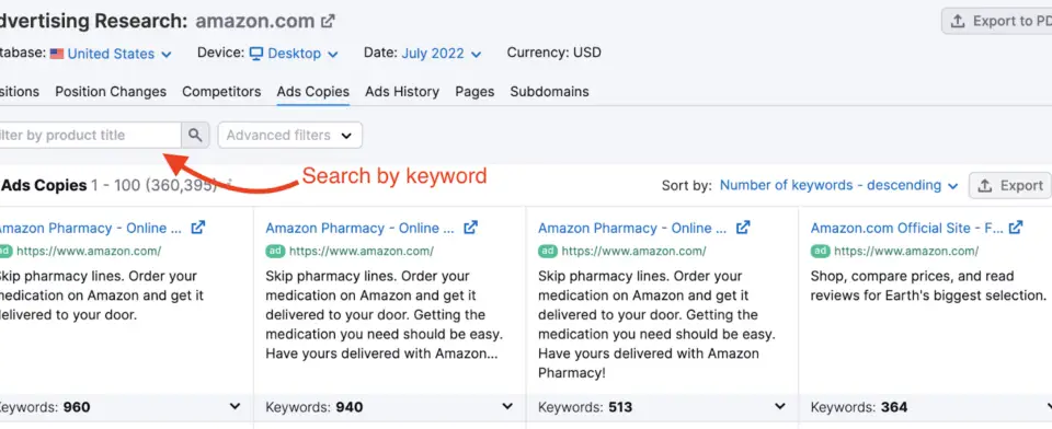 Screenshot of an advertising research tool showing Amazon's ad copies, with a red arrow pointing to the 'Search by keyword' filter. This helps to perform a Google Ads audit effectively.