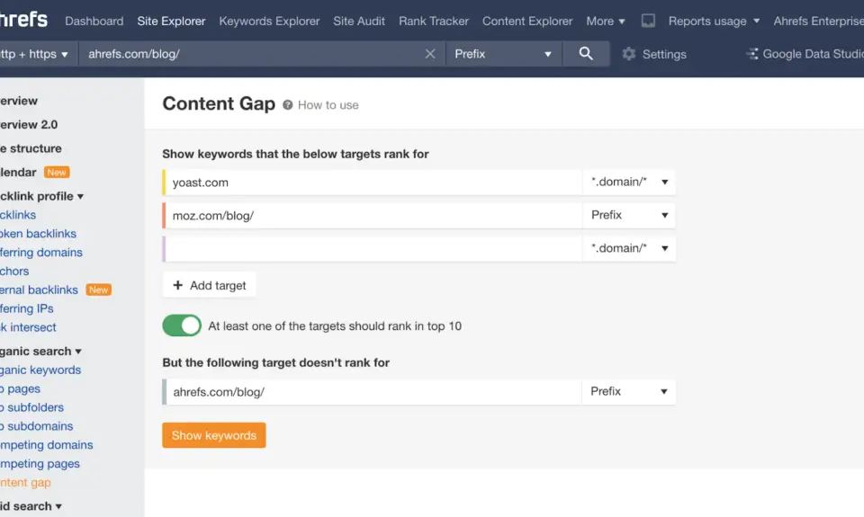 Ahrefs Content Gap analysis tool, an essential part of any keyword research checklist, comparing organic keywords across competitor blogs.