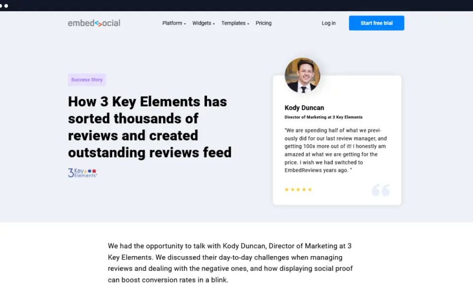 Website showing a success story about managing reviews, featuring a testimonial from Kody Duncan. This shows how to write great headlines using social proof.