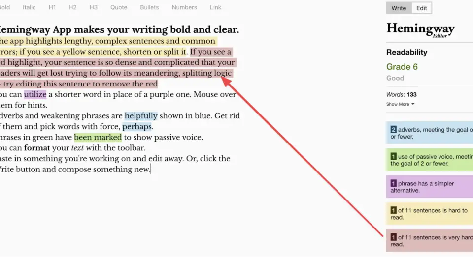 Hemingway App highlighting complex sentences in red, with a red arrow pointing to readability metrics. Useful for how to write great headlines.