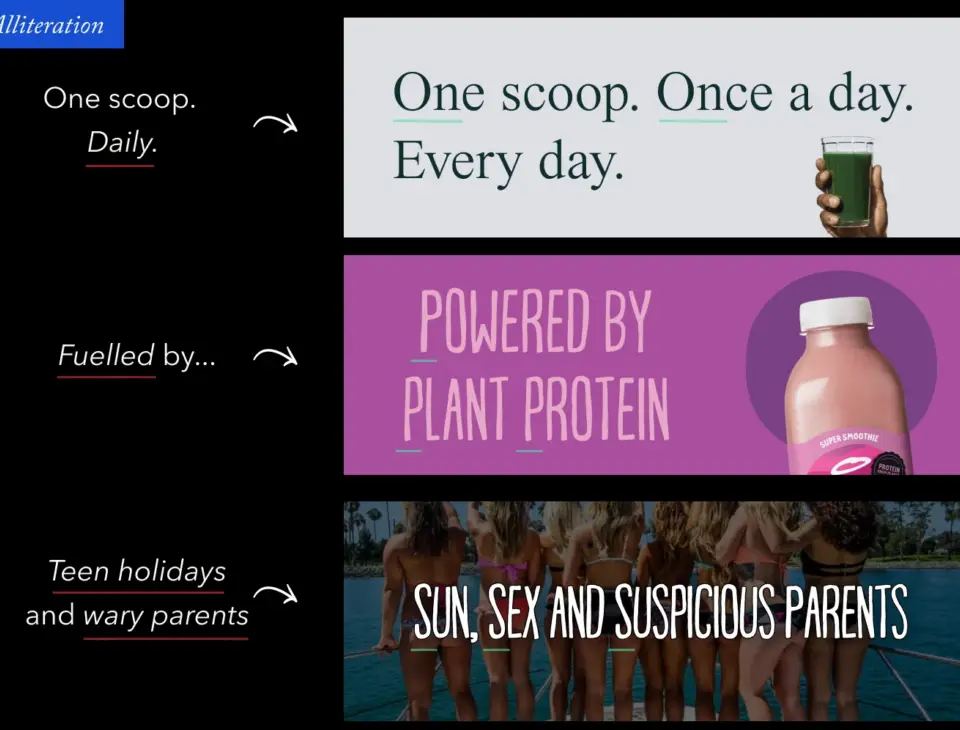 Examples of alliteration in headlines, such as 'SUN, SEX AND SUSPICIOUS PARENTS.' Demonstrates how to write great headlines using literary devices.