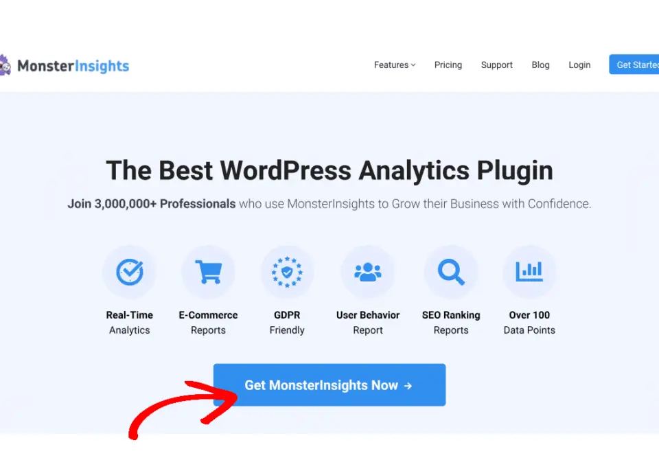 MonsterInsights landing page with a call to action button, highlighting features to improve landing page experience for Google Ads.