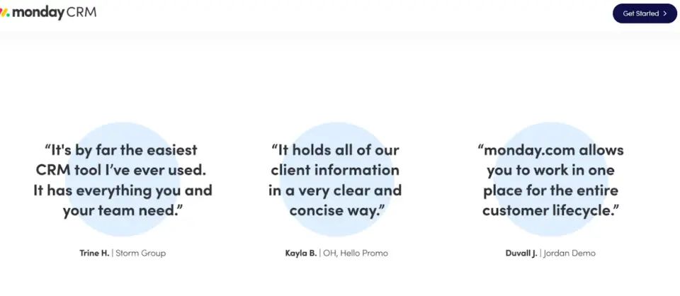 Monday CRM landing page displaying three positive customer testimonials. Improve landing page experience for Google Ads.