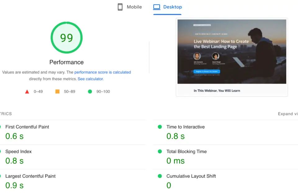 PageSpeed Insights showing a 99 performance score for a landing page, highlighting metrics to improve landing page experience Google Ads.