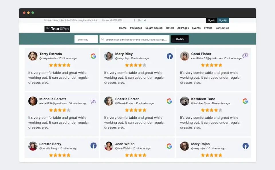 TourXPro website displaying multiple customer reviews with star ratings, enhancing trust as a website optimisation strategy.