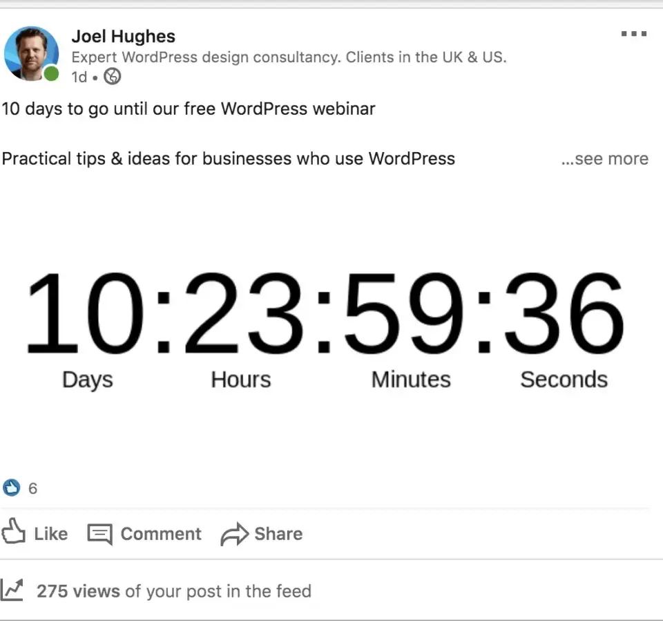 Social media post by Joel Hughes sharing a scarcity marketing countdown timer for a WordPress webinar.