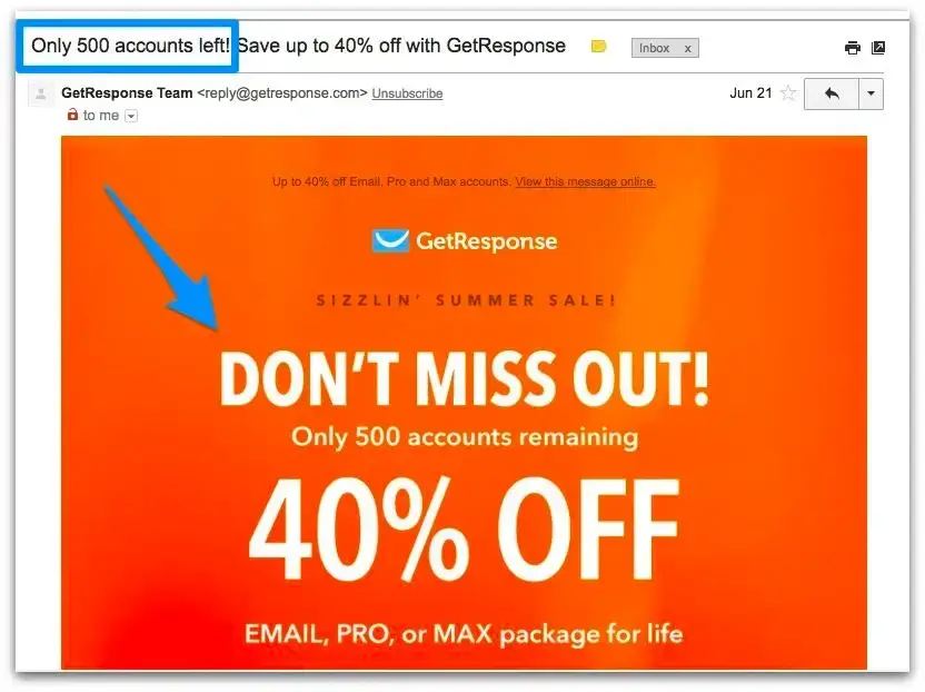 GetResponse email showing a 'Don't Miss Out!' 40% off sale, a key element of a digital marketing strategy.