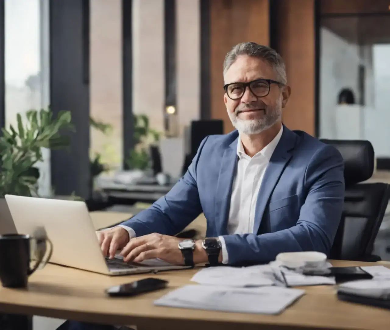 A person in a suit thinking deeply, with a blurred office background, contemplating hiring a fractional CMO
