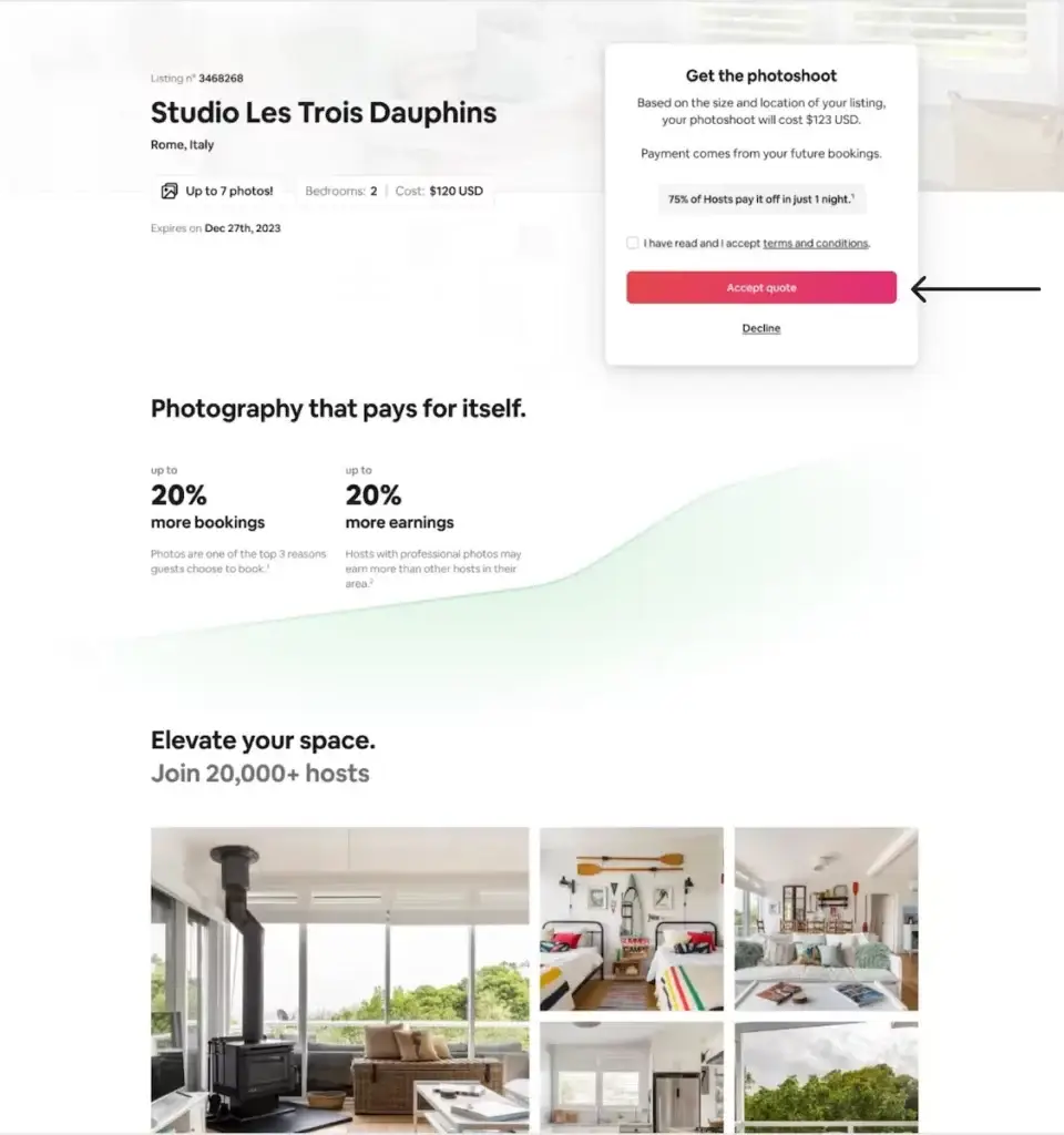 Airbnb listing page showing 'Get the photoshoot' option for Studio Les Trois Dauphins in Rome. Highlights Why is Local SEO Important, as good visuals boost local business.