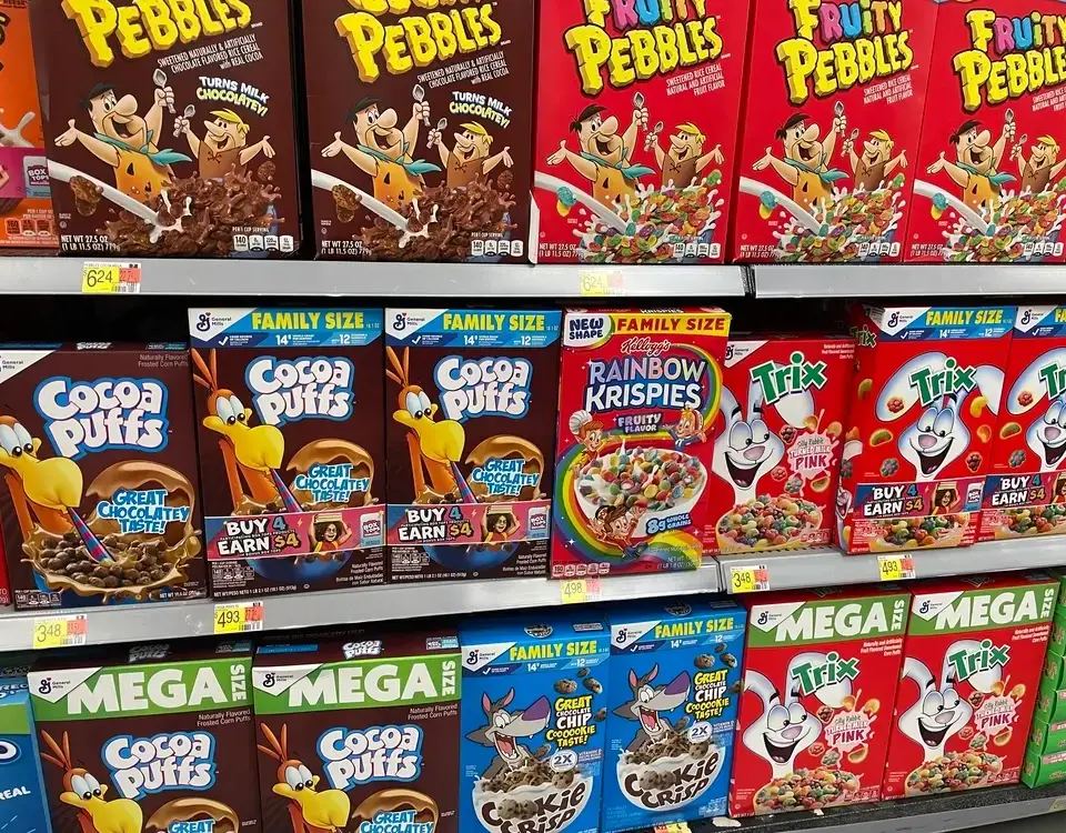 A vibrant supermarket aisle display packed with various cereal boxes like Fruity Pebbles, Cocoa Puffs, and Trix, illustrating the psychology of pricing.