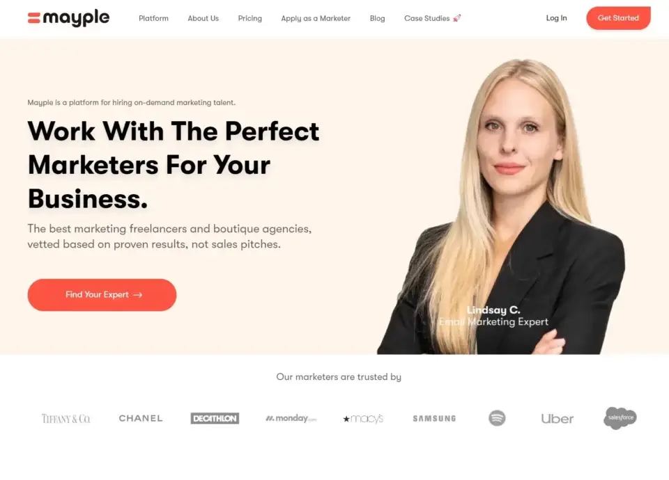 Mayple website homepage displaying a female Fractional Leadership marketing expert, Lindsay C., with client logos.
