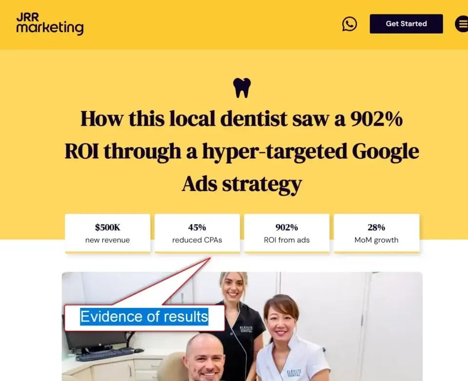 Dentist office staff smiling, with a marketing case study showing 902% ROI from a fractional leadership strategy.