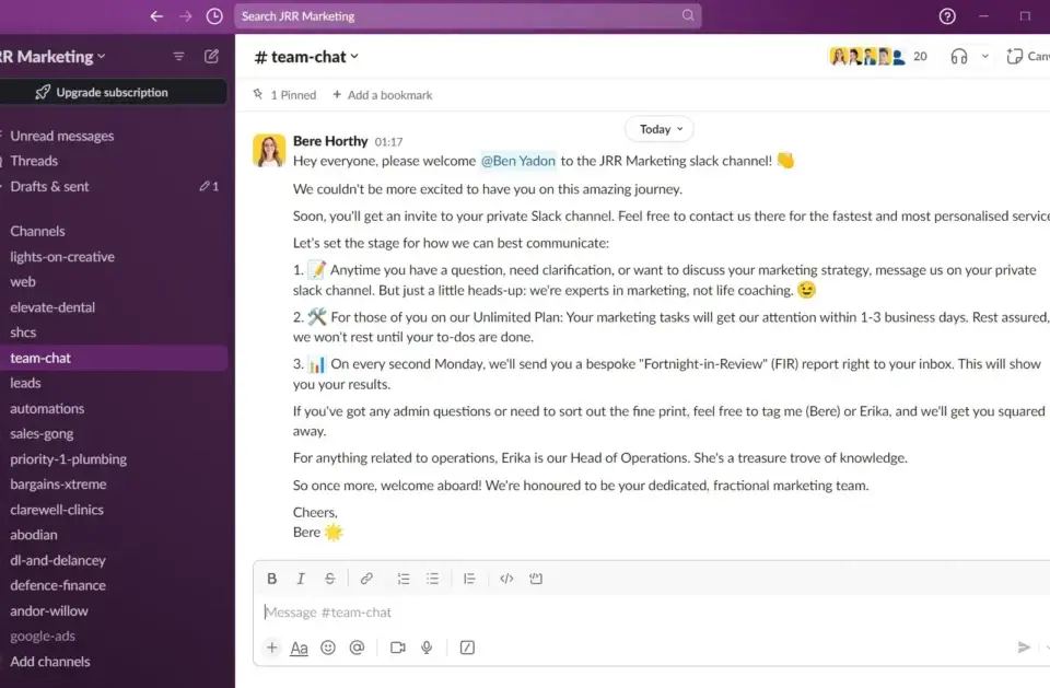 Screenshot of a Slack welcome message from Bere Horthy to Ben Yadon, outlining communication for fractional marketers.
