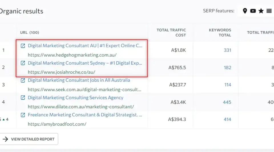 Organic search results table showing URLs, traffic cost, keywords, and total traffic for digital marketing consultant and fractional CMO jobs.