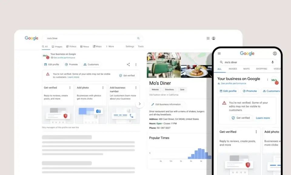screenshots of a local diners google my business profile showcasing effective sem for local businesses in action