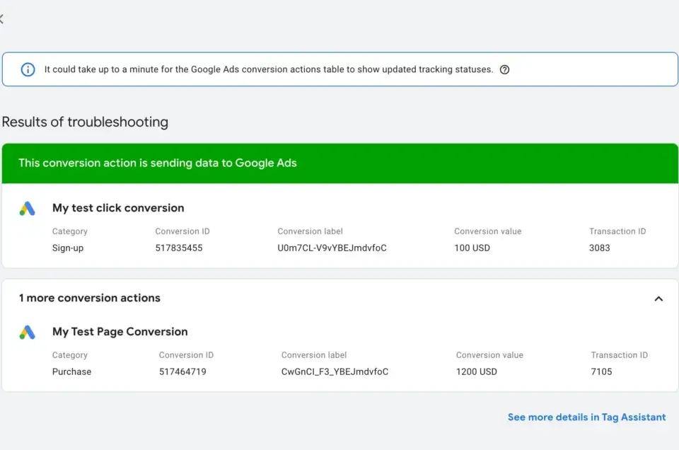 Google Ads troubleshooting interface showing two conversion actions with different conversion value amounts (100 USD and 1200 USD).