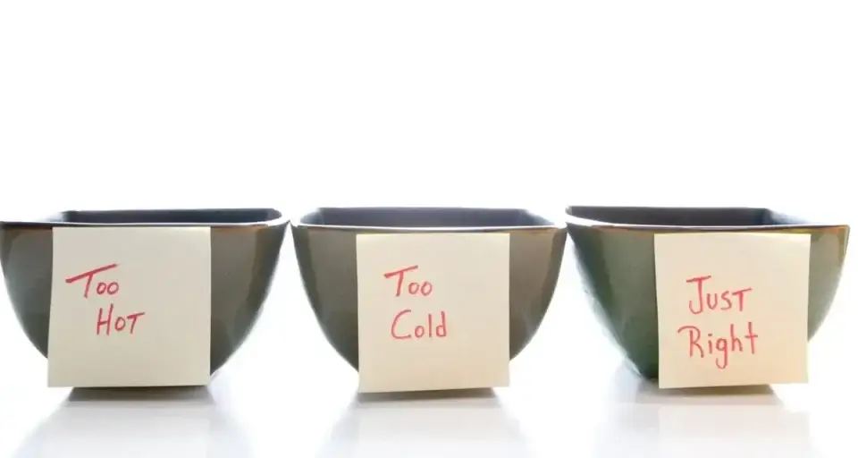Three bowls with sticky notes labeled 'Too Hot', 'Too Cold', and 'Just Right', illustrating the decoy effect.