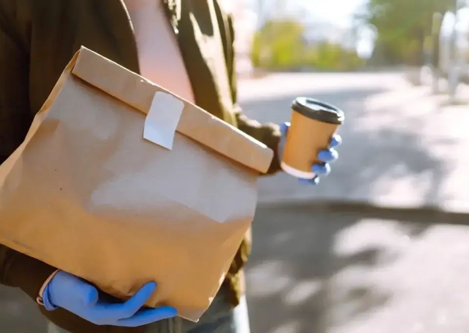 Person in blue gloves delivering a coffee cup and paper bag, a result of effective weather based marketing.