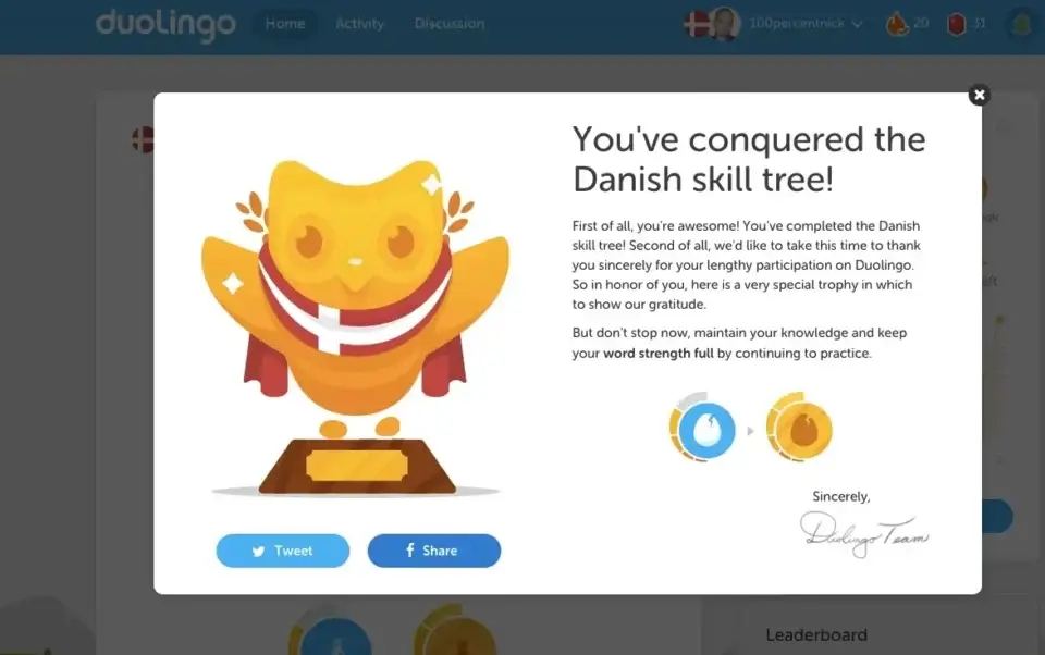 Duolingo congratulating a user for conquering the Danish skill tree, exemplifying the self enhancement bias in action.
