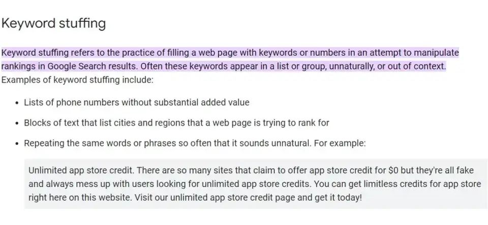 Screenshot of Google's definition of keyword stuffing, explaining how too many SEO keywords can manipulate rankings.