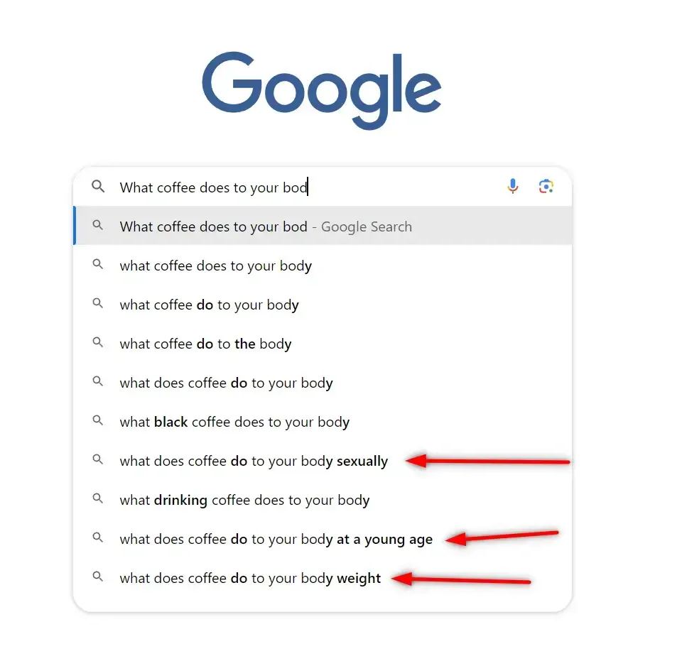 Google search results showing various long-tail keyword suggestions for 'What coffee does to your body', useful for understanding how many SEO keywords to use.