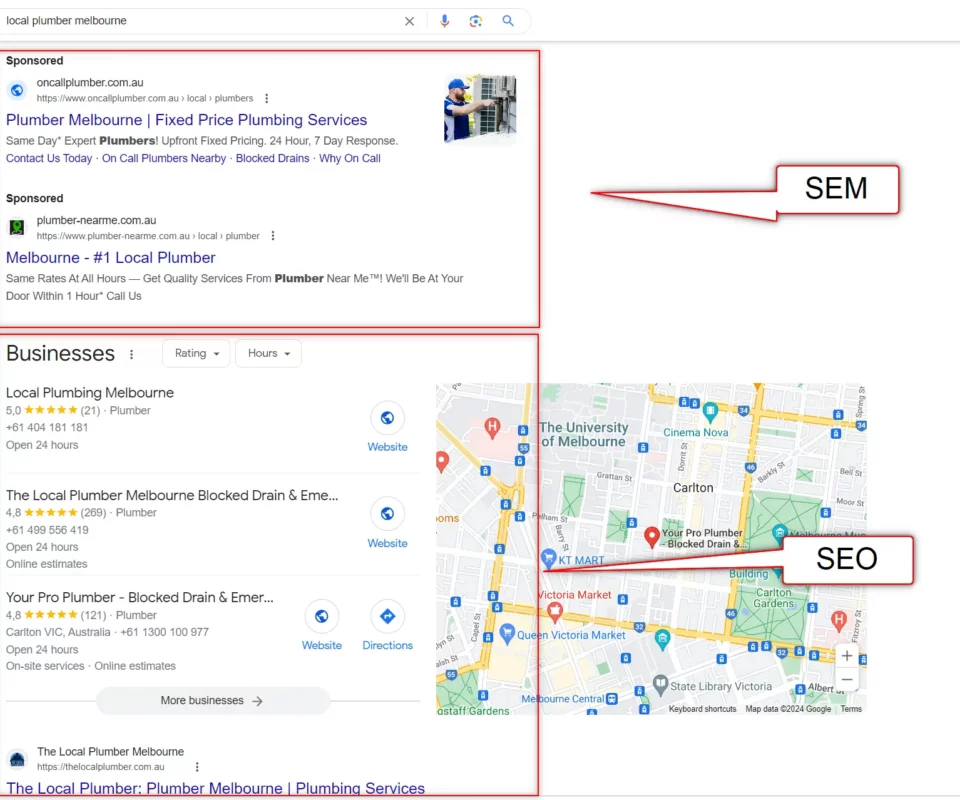Google search results for 'local plumber melbourne' showing SEM ads and local SEO business listings with a map. This illustrates why search engine marketing is important for local businesses.