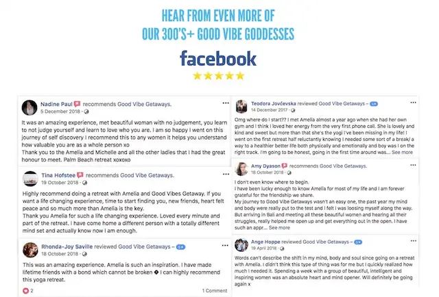 Facebook testimonials from 'Good Vibe Goddesses,' showing positive reviews for a retreat.