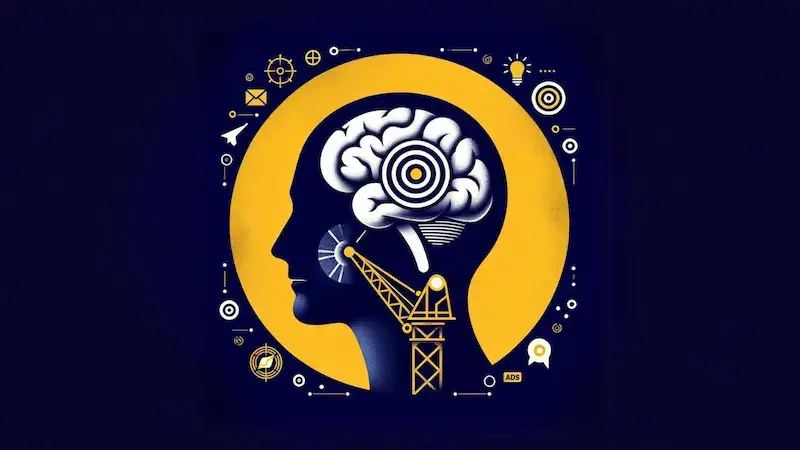 A designer's hand placing an ad concept featuring a lightbulb idea onto a billboard to illustrate the psychology of advertising