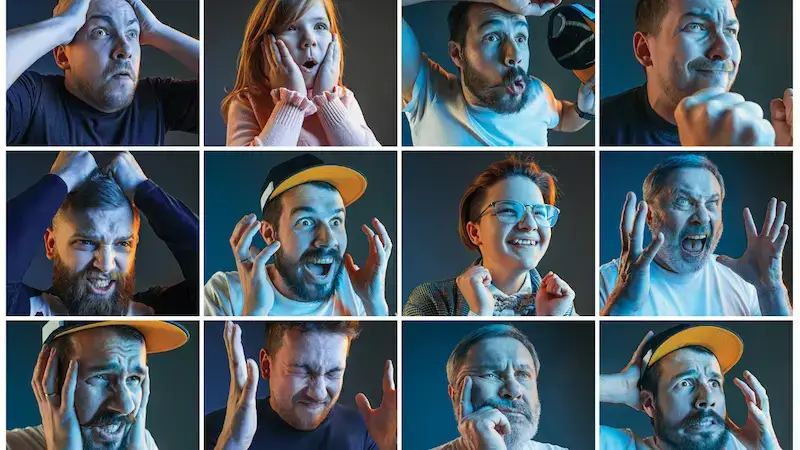 A diverse group of people showing strong, varied emotions like joy, sorrow, and surprise, illustrating emotional contagion in marketing