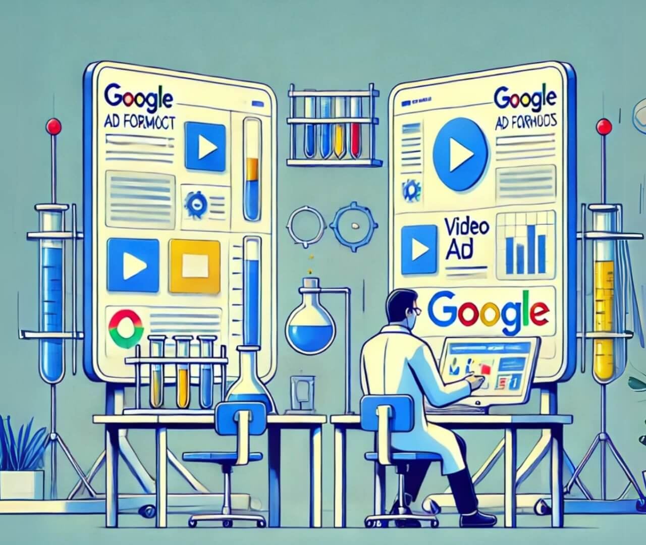 A magnifying glass hovers over a computer screen displaying PPC campaign data, illustrating 5 PPC testing strategies for more conversions