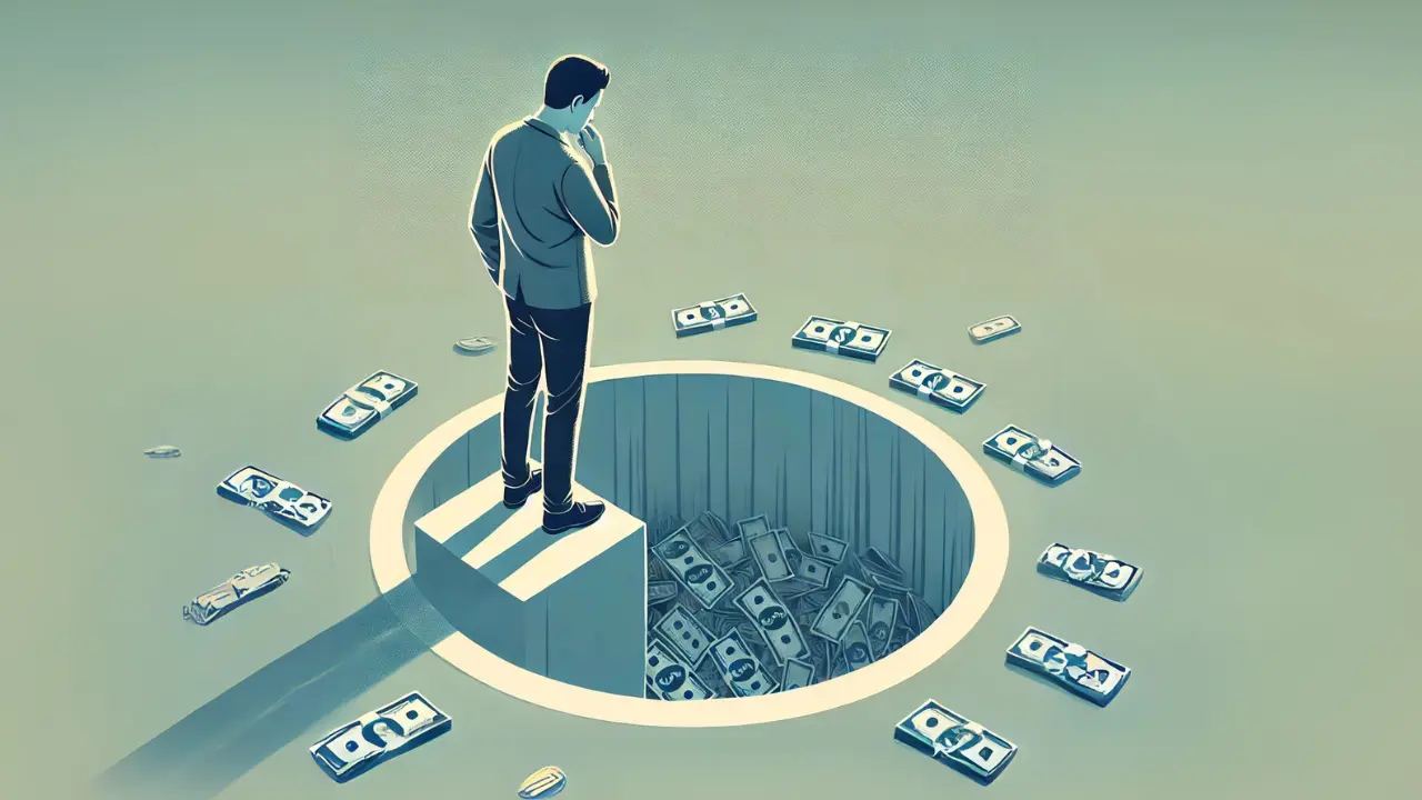 A disheartened business owner looking at a pile of discarded marketing materials, symbolizing the sunk cost fallacy in marketing