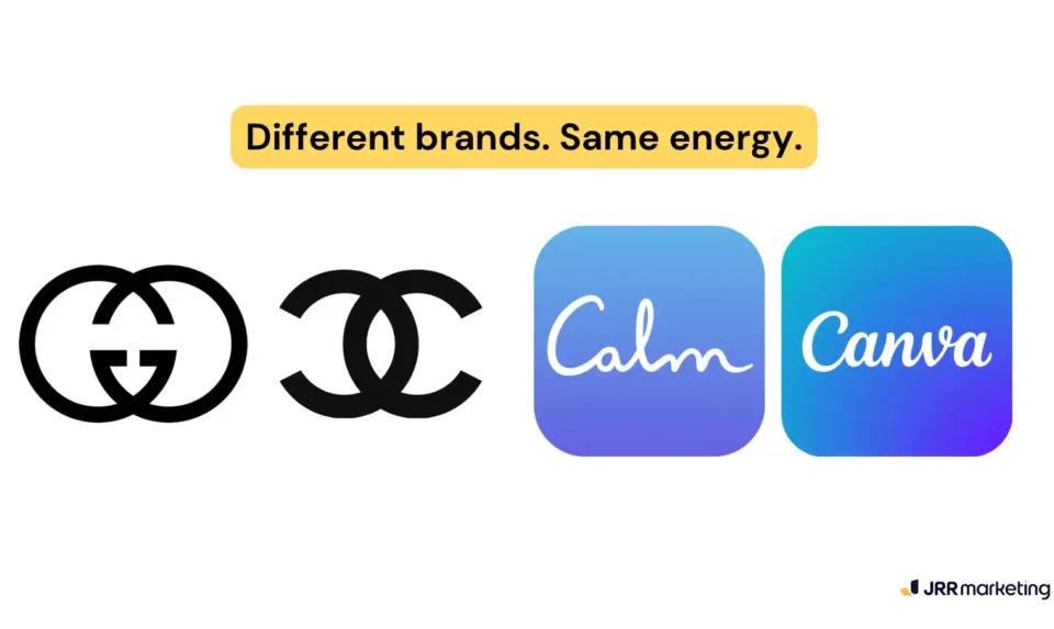 side-by-side logos showing lookalike branding from different companies. a visual example of similarity bias where familiar design builds instant trust.