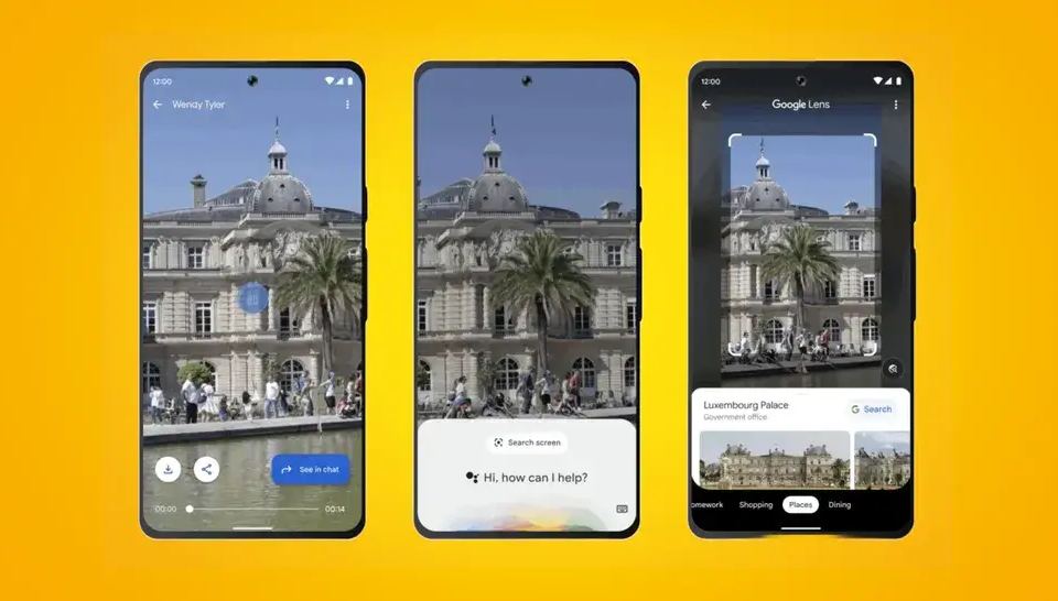 three android smartphones display a visual search in action using google lens, identifying luxembourg palace in paris. the middle phone shows a voice assistant prompt, while the rightmost screen highlights the palace's name and <a href=